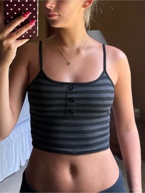 ROMWE Black & Gray Striped Cropped Tank with Button Placket